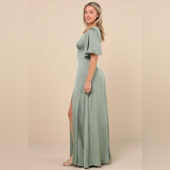 LULU’S Elegant Confidence Sage Satin Flutter Sleeve Cutout Maxi Dress - Picture 5 of 9